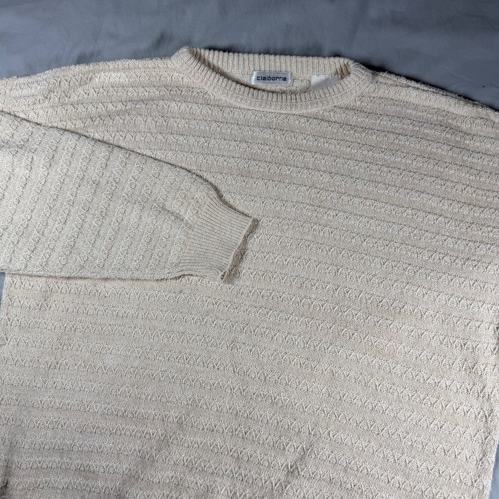 Vintage 90s Claiborne Ivory Grid Knit Crewneck Size Large Made In USA
